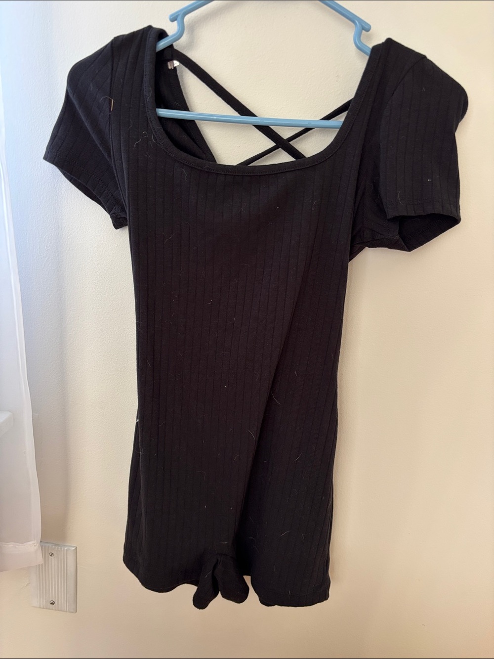 Wild fable Black Ribbed Short Sleeve Romper with Crisscross Back